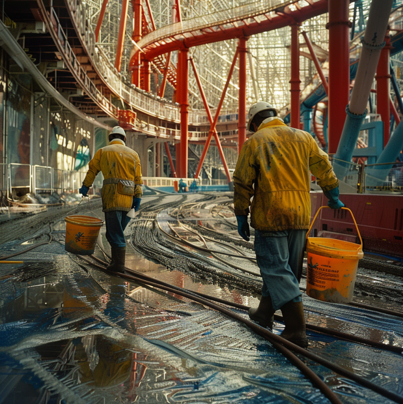 Workers cleaning up vomit from the 2024 Hot Dog eating contest held on a roller coaster